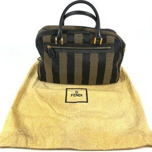 FENDI vintage Pecan Bag Hand Bag Leather/Canvas Black/khaki